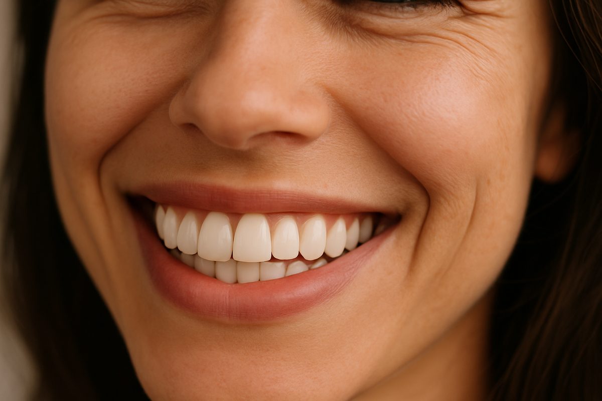 Image of a person smiling, revealing a perfectly placed front tooth implant that blends seamlessly with their natural teeth. Close up on the implant front tooth, showcasing its natural look and color. No text on the image.