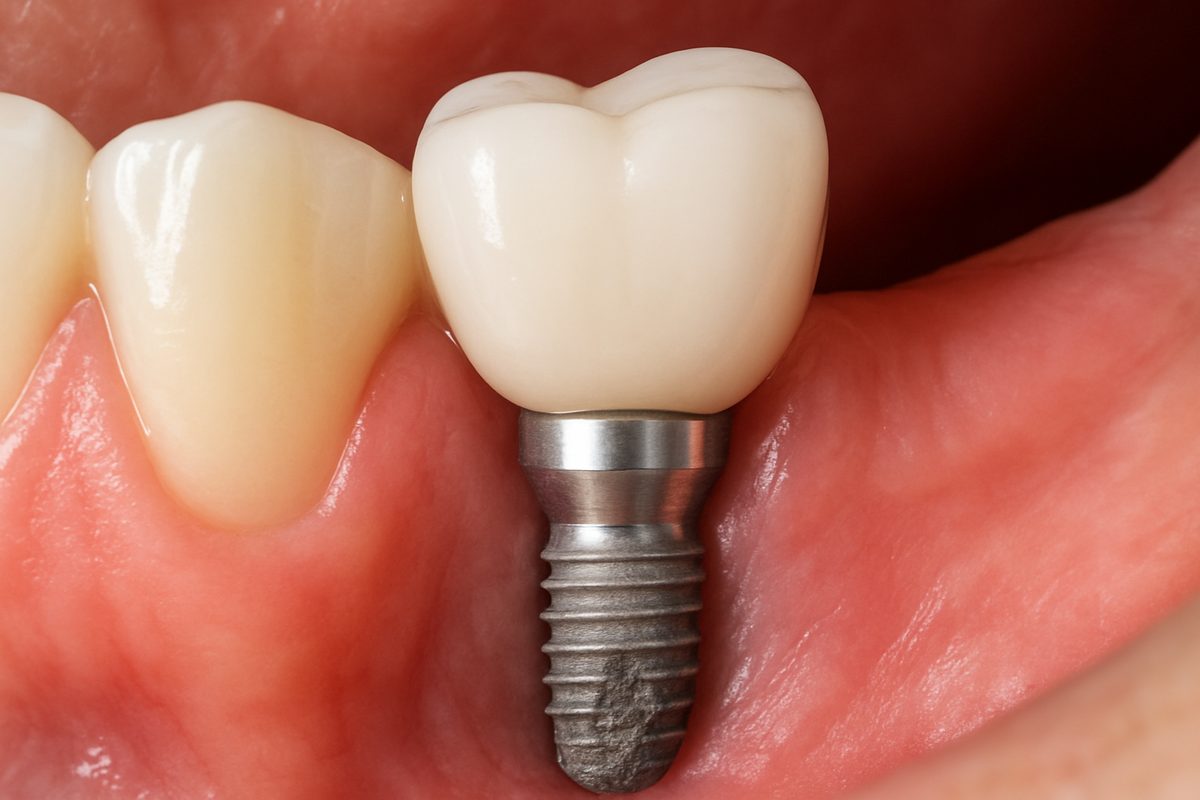 A close up image of a dental implant, clearly showing the three main components: the titanium fixture embedded in the jawbone, the abutment connecting the fixture to the crown, and the porcelain crown that replaces the visible tooth. No text on the image.