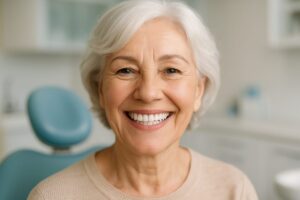 Image of a smiling senior woman with implanted teeth, showcasing a natural and confident smile. The background is blurred, possibly a dental office setting. No text on image.