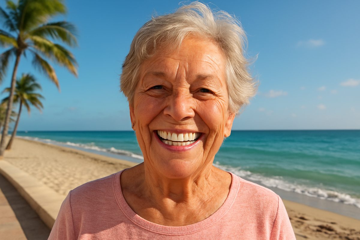 Image of a smiling senior woman in Hollywood, FL, showcasing her new All-on-4 dental implants, with a sunny beach in the background. No text on image.