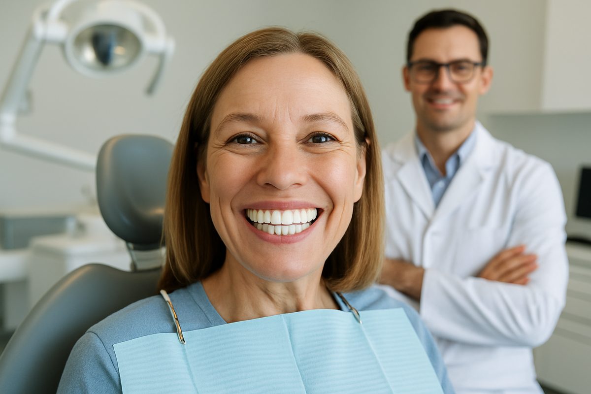 Photo of a patient smiling, showing off newly installed dental implants. The patient is in a modern dental office setting, with the dentist visible in the background. No text on image.
