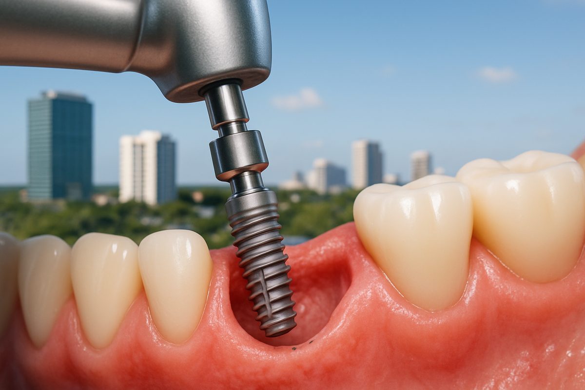 A close-up image of a dental implant being placed into a patient's jaw, showcasing the precision and technology involved in the procedure. The background subtly features the city skyline of Tamarac, FL. No text on image.