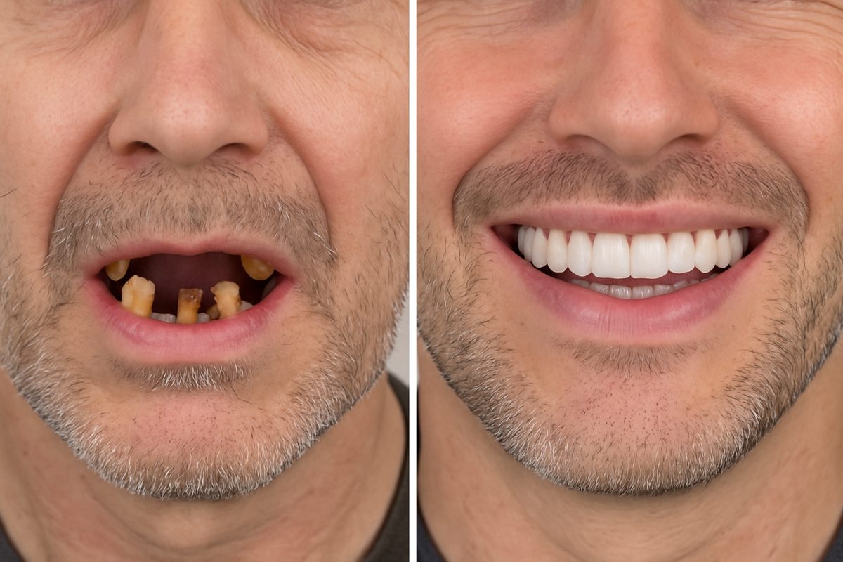 A before and after image of a patient who has undergone full mouth dental implants. The before image shows broken and missing teeth, while the after image shows a full, healthy smile with dental implants. No text on the image.