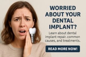 Image of a dentist examining a dental implant with an intraoral camera, checking for signs of damage or infection. No text on image.