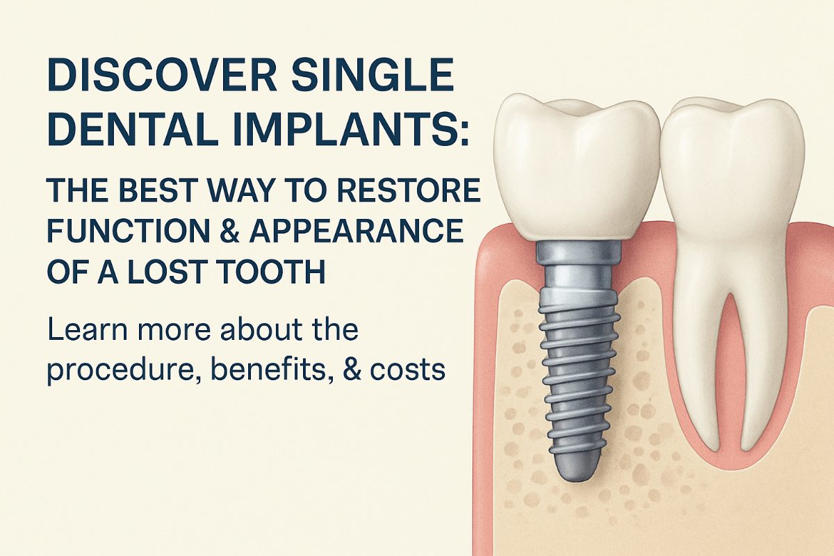 Close up, professional photo of a dentist installing a single dental implant into a patient's lower jawbone. No text on image.
