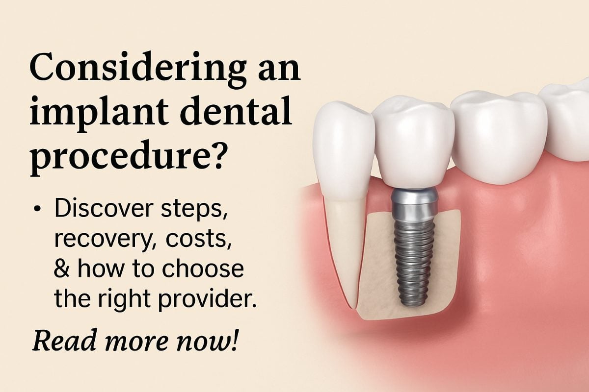 Image of a dentist explaining the implant dental procedure steps to a patient, using a 3D model of a jaw with implants. No text on image.
