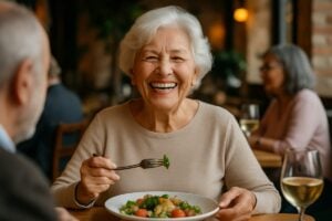 Photo of a smiling senior woman with a full set of dental implants, enjoying a meal at a restaurant with friends. The image should evoke a sense of confidence and improved quality of life. No text on the image.