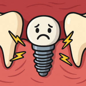 Close up animated style image of a person's gums with a dental implant, radiating small lightning bolts, with a sad face on the implant. No text on image.