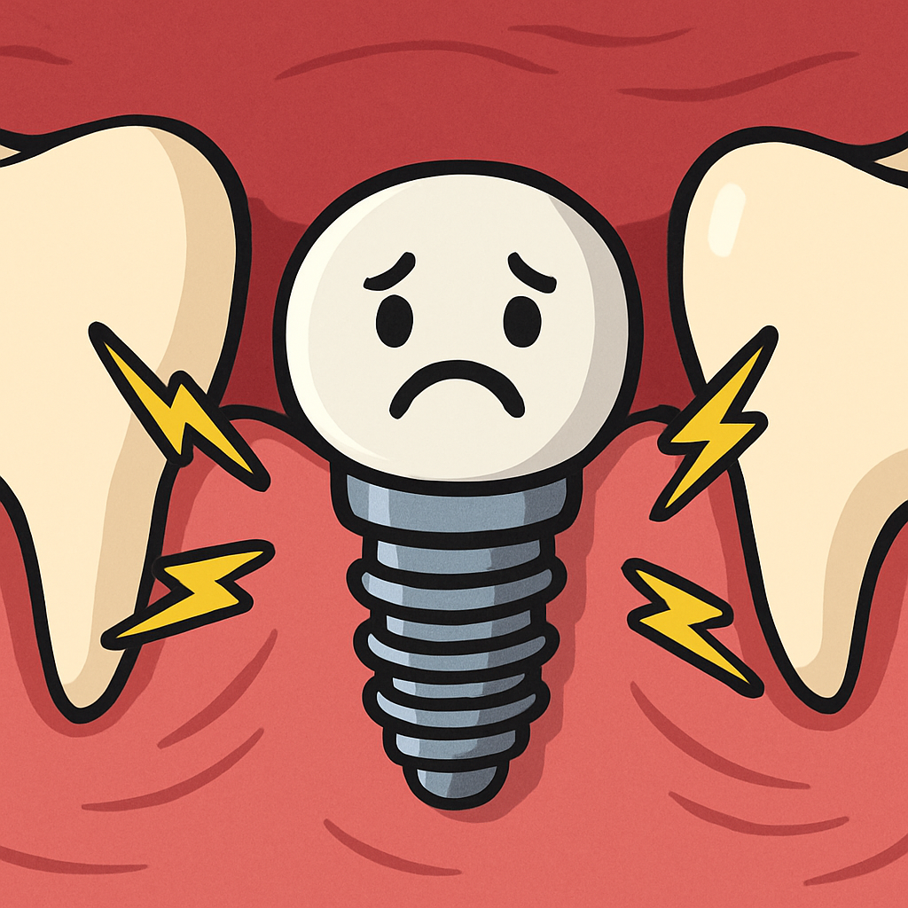 Close up animated style image of a person's gums with a dental implant, radiating small lightning bolts, with a sad face on the implant. No text on image.