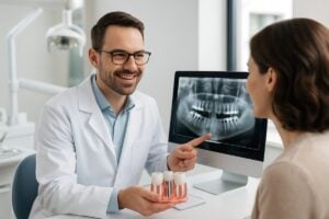 A friendly and professional dental implant doctor smiling and consulting with a patient, reviewing X-rays and discussing treatment options in a modern dental office. No text on image.