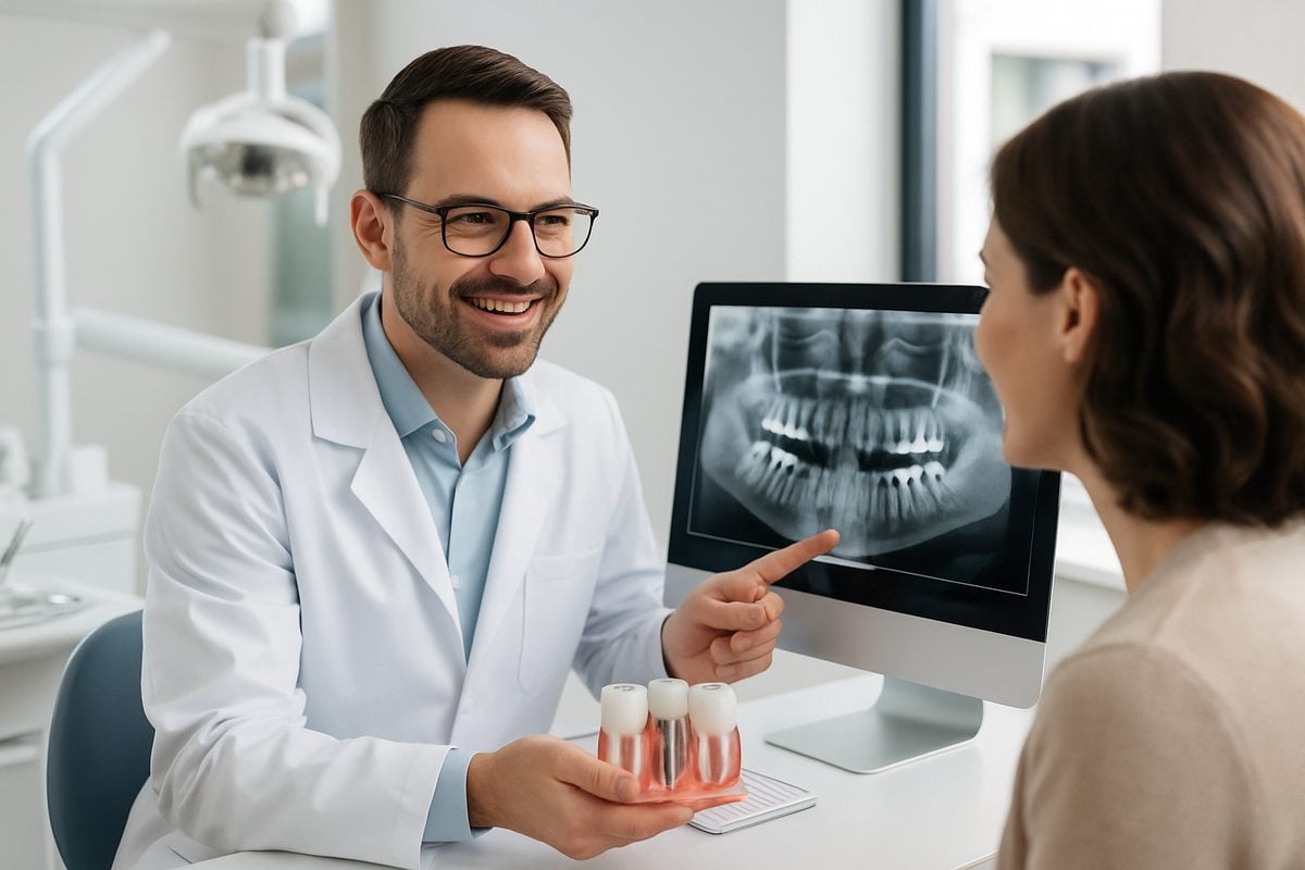 A friendly and professional dental implant doctor smiling and consulting with a patient, reviewing X-rays and discussing treatment options in a modern dental office. No text on image.