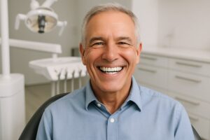 Photo of a mature man happily showing off his smile, he has a full set of gleaming white teeth. The man is sitting in a modern dental office. No text on the image.