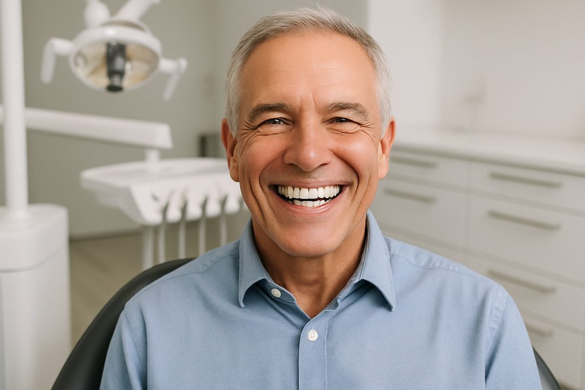 Photo of a mature man happily showing off his smile, he has a full set of gleaming white teeth. The man is sitting in a modern dental office. No text on the image.