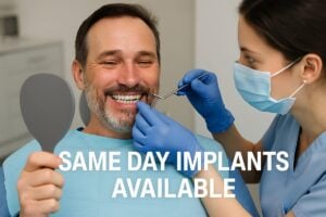 A smiling patient is seen post-op, with a dentist adjusting their new full-arch dental implants. The text on the image says "Same Day Implants Available."