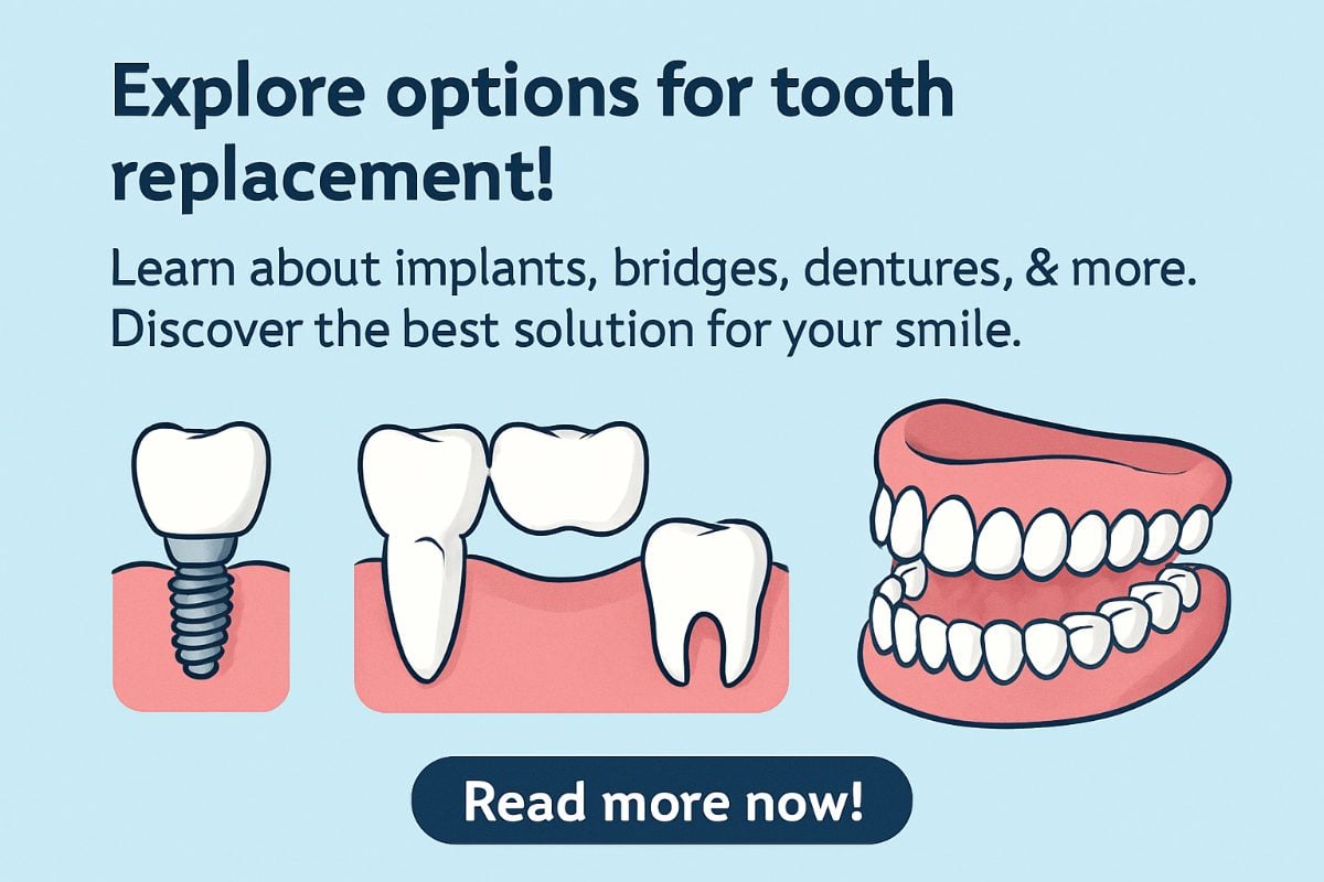Collage showcasing various options for tooth replacement: dental implants, bridges, and dentures. No text on the image.