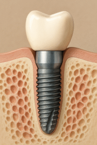 Image of a cross-section of an endosteal implant placed in the jawbone, with a visible abutment and crown. The bone is integrated tightly around the implant. No text on image.