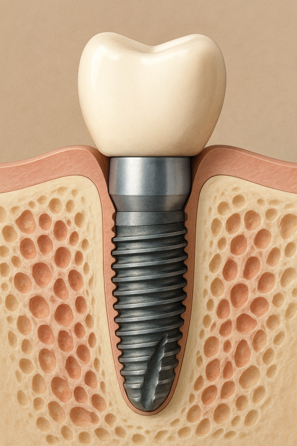 Image of a cross-section of an endosteal implant placed in the jawbone, with a visible abutment and crown. The bone is integrated tightly around the implant. No text on image.