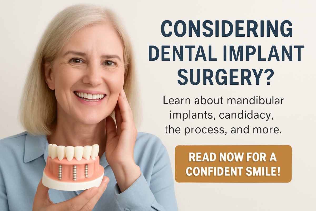 Realistic image of a dentist in scrubs using surgical tools to perform a mandibular implant surgery on a patient in a dental chair. No text on image.