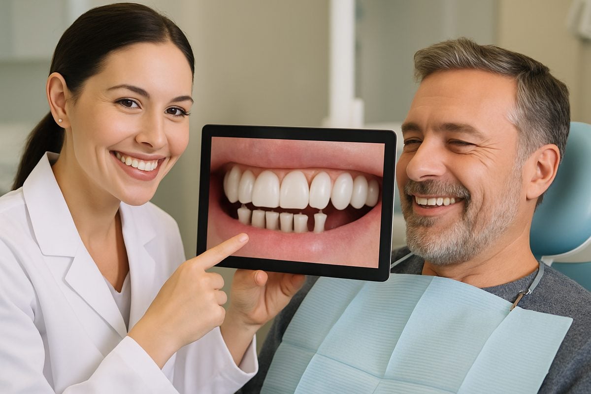 A dentist is pointing to a set of false teeth implants in a patient's mouth, using a digital display to showcase the natural look and feel of the replacements. The image should evoke confidence and comfort. No text on the image.
