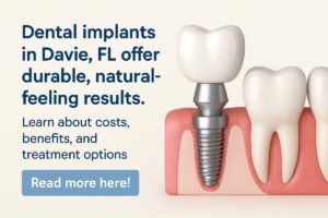 Image of a dentist in Davie, FL, consulting with a patient about dental implant options, showcasing a 3D model of dental implants. The text on the image says "Dental Implants: A Lasting Solution".