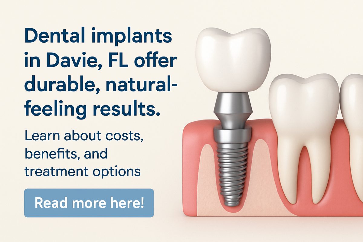 Image of a dentist in Davie, FL, consulting with a patient about dental implant options, showcasing a 3D model of dental implants. The text on the image says "Dental Implants: A Lasting Solution".