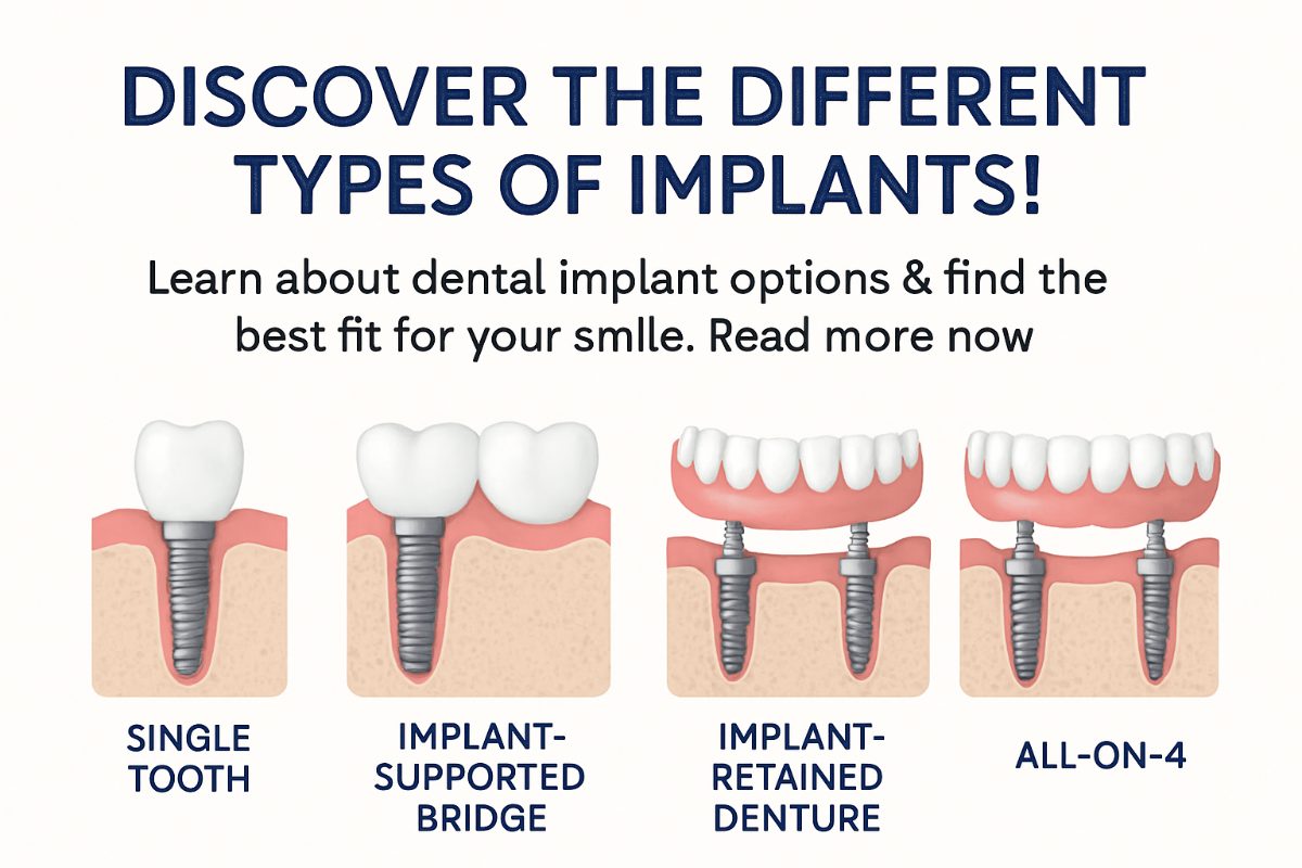 A dentist is consulting with a patient, showing them a variety of different implant types, from single tooth implants to full arch options, on a digital screen. The text on the screen reads "Different Implant Types".