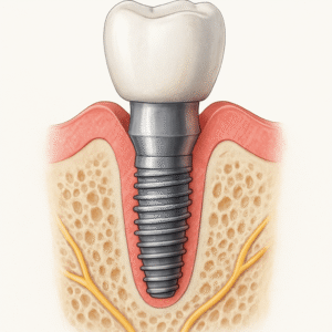 A detailed dental implants diagram showcasing a cross-section of the jawbone with labeled components such as the implant fixture, abutment, prosthetic crown, bone, gums, and nerves. No text on the image.