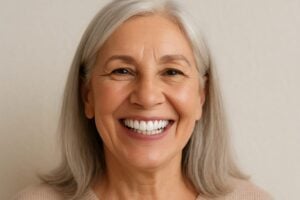 Image of a smiling, mature female patient who has just received dental implants, showcasing her new, natural-looking smile. No text on the image.