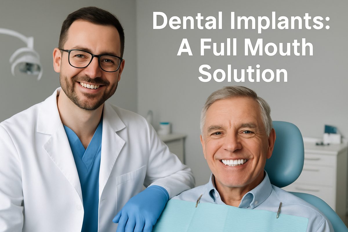 Image of a dentist smiling with a patient who has just received full mouth dental implants; the patient is also smiling confidently. The text on the image reads "Dental Implants: A Full Mouth Solution"
