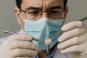 Close-up image of a dentist carefully examining a dental implant with specialized tools. The background is blurred to focus on the implant and the dentist's hands. No text on image.