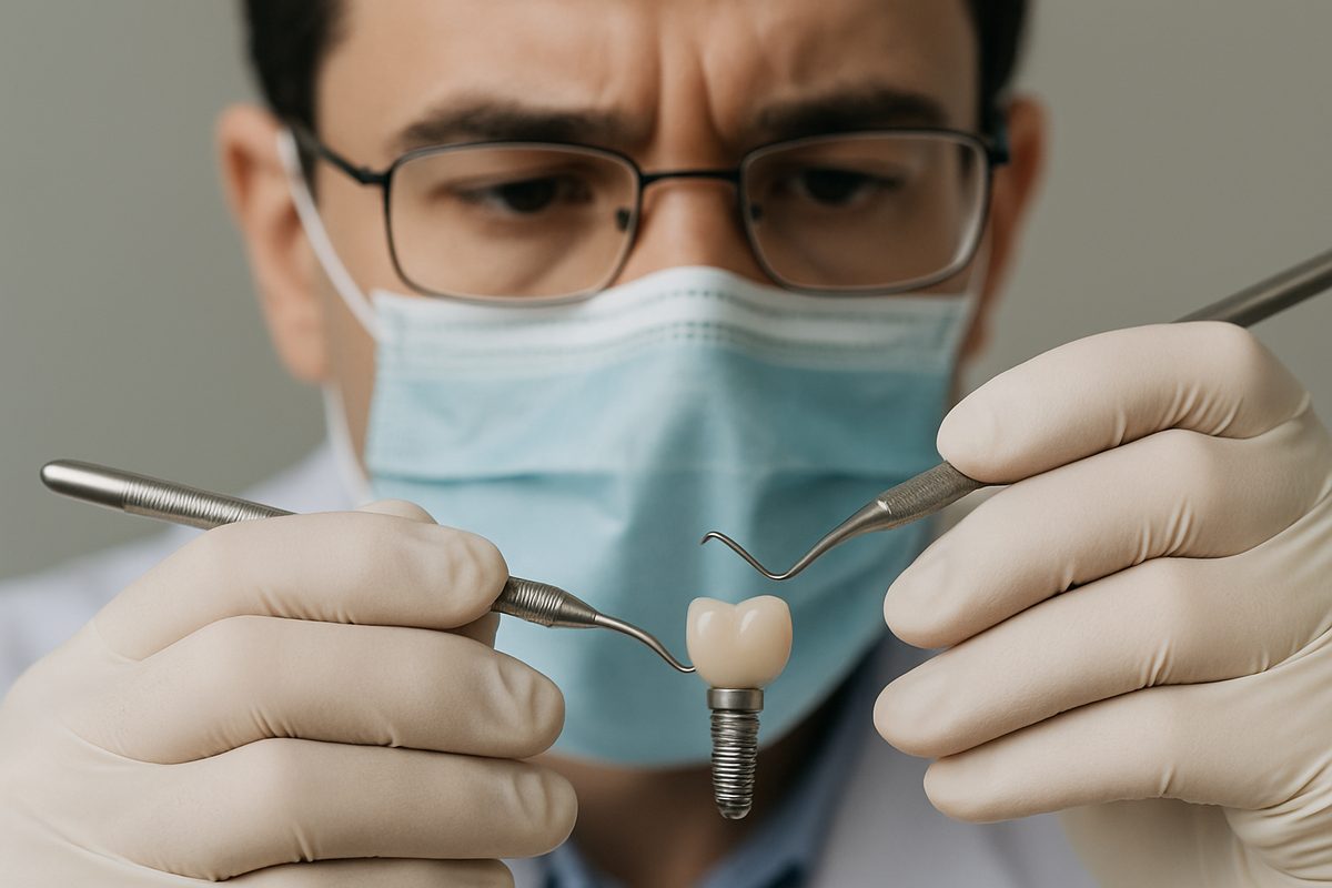 Close-up image of a dentist carefully examining a dental implant with specialized tools. The background is blurred to focus on the implant and the dentist's hands. No text on image.